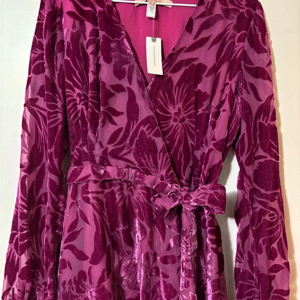Anthropologie Pink Floral Velvet Long Sleeve Dress - Picture 2 of 5